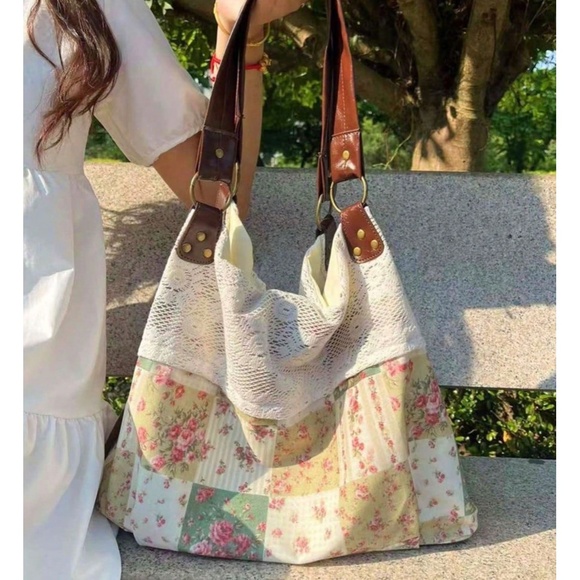 Boho Vegan leather Double Straps Floral Print patchwork Lace Shoulder Tote Bag - Picture 2 of 4
